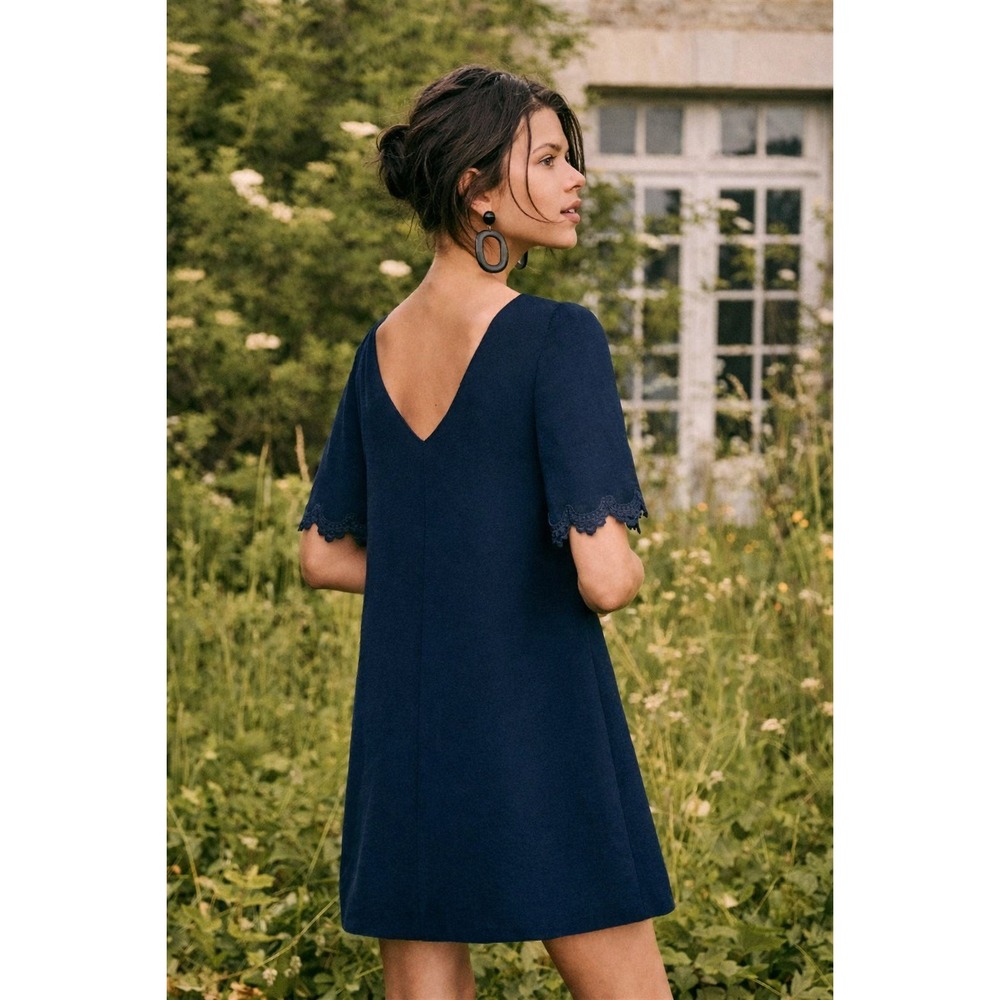 Sezane Navy Blue Mini Dress with Scalloped Lace Sleeves